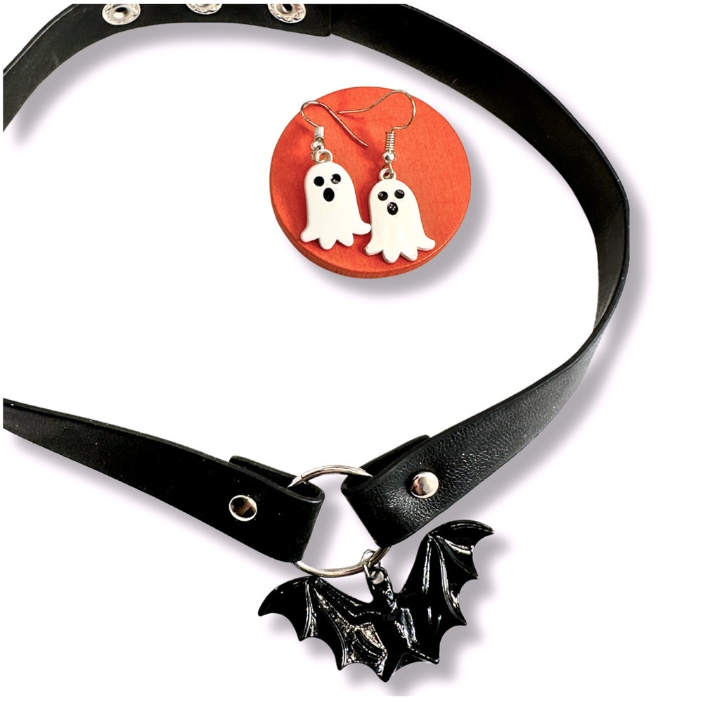 HALLOWEEN CHOKER & EARRINGS Black Faux Leather With Bat Charm & Ghost Earrings